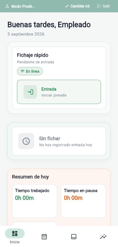Fichaje móvil en Registro Horario Legal. Pantalla real de la demo.