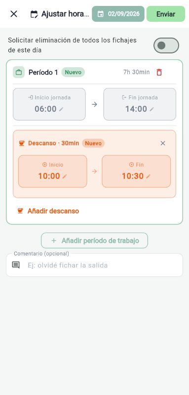 Solicitud de corrección de jornada y descansos desde el móvil. Demo de la app.